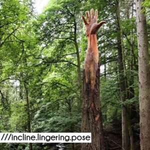 picture of the giant hand of vyrnwy sculpture labelled with its what3words chainsaw carving trail location: incline.lingering.pose