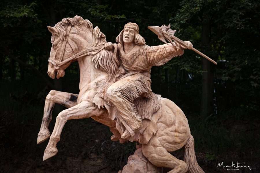 Fighter on horseback wood carving